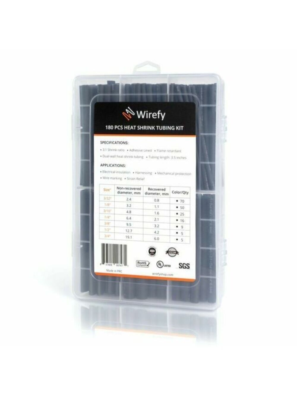 Wirefy 3:1 Heat Shrink Tubing Kit - 3.5", Black, 180pc